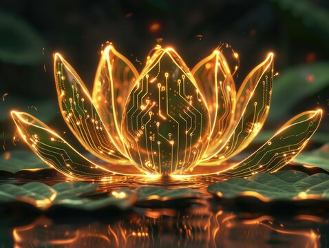 Cybernetic lotus with intricate circuitry patterns, seamlessly blending nature and technology. A high-tech, hyper-realistic digital illustration representing futuristic design