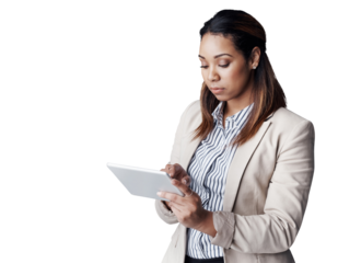 Business woman, tablet and typing for research, communication or networking on a transparent PNG background. Young female person or employee reading on technology for online search, internet or web