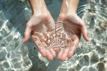 closeup of hands cupping clear water