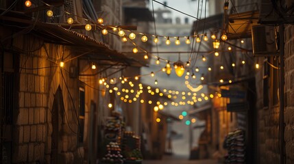 Colorful Ramadan lanterns and lights in street. Festive greeting card for the holy month of fasting and celebration.