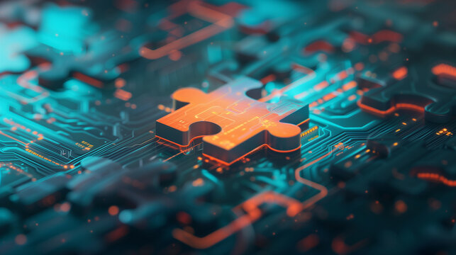 a piece of jigsaw floating on a holographic data screen. key of success in digital wolrd concept.