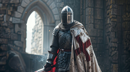 Fototapeta na wymiar Knight templar crusader with a cape holding a sword, medieval warrior chivalry concept