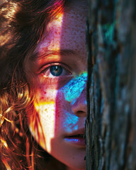 Hidden Dreams: Girl Behind Wood in Prismatic Light
