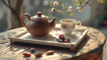 Fragrant and tasty tea with dates served in clay teapot on wooden tray with tea leaves