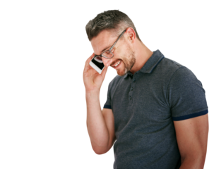 Phone call, smile and man with communication, connection and person isolated on transparent background. Guy, png or model with cellphone and contact with digital app or chat with network or happy