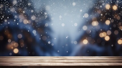 old wooden table top with background of christmas celebrate eve decorative christmas tree with snow fall bokeh blur background festive ideas - obrazy, fototapety, plakaty