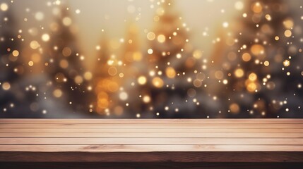 old wooden table top with background of christmas celebrate eve decorative christmas tree with snow fall bokeh blur background festive ideas - obrazy, fototapety, plakaty