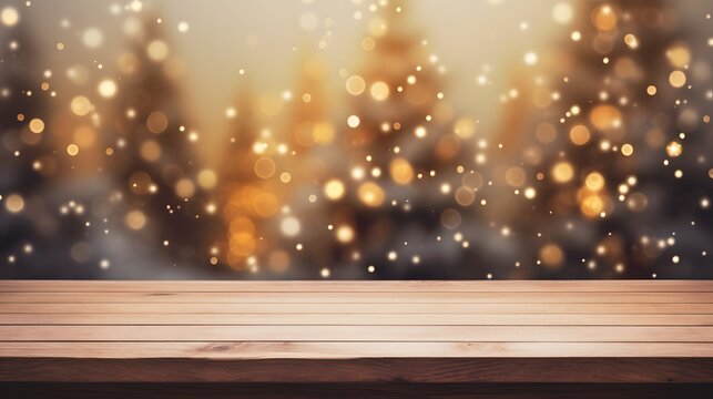 old wooden table top with background of christmas celebrate eve decorative christmas tree with snow fall bokeh blur background festive ideas