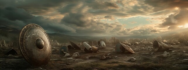 A silent Troy battlefield, where shields and helmets lie abandoned, telling tales of heroism and tragedy. - obrazy, fototapety, plakaty