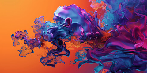 Vivid swirls of blue and purple ink dynamically float against a fiery orange backdrop, creating a mesmerizing abstract display. - obrazy, fototapety, plakaty