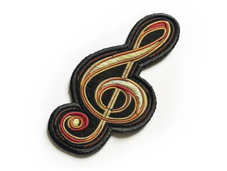 Hyper-realistic 3D music note patch pops out on white background. Fashionable t-shirt design for music enthusiasts. Vibrant, detailed, and appealing
