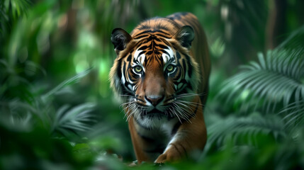 Jungle Prowl: Majestic Tiger Stalks Through Lush Rainforest