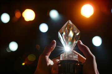 closeup on crystal award in hands with stage lights behind - 735995356