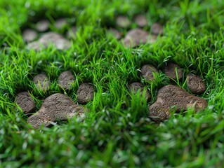 Obraz premium Hyper-realistic stock photo of paw prints in lush green grass field. Various sizes and shapes showcase intricate details of dogs, cats, and other animals. Distinct claw marks and texture of pads