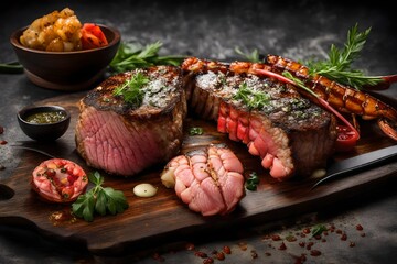 delicious pizza and meat on the  table with table full with eatable tings abstract background  