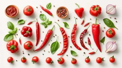 Zelfklevend Fotobehang Red hot chili pepper. Fresh organic chili pepper with leaves isolated on white background. Chili pepper with clipping path. Fresh red chili pepper and cross sections of chili pepper with seeds float © Sweetrose official 