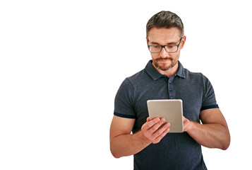 Tablet, research and design with man in glasses isolated on transparent background for creative business. Technology, email or social media with confident designer on PNG to search for information - Powered by Adobe