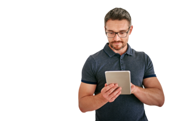 Tablet, research and design with man in glasses isolated on transparent background for creative business. Technology, email or social media with confident designer on PNG to search for information