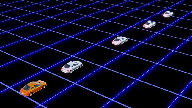 加速と減速の波状運転を繰り返す車列を一定速度で追走する車のシームレスなループアニメーション動画
