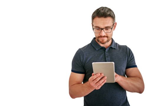 Tablet, research and design with man in glasses isolated on transparent background for creative business. Technology, email or social media with confident designer on PNG to search for information