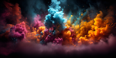 A vibrant and dynamic explosion of colored powder on a dark backdrop, 
