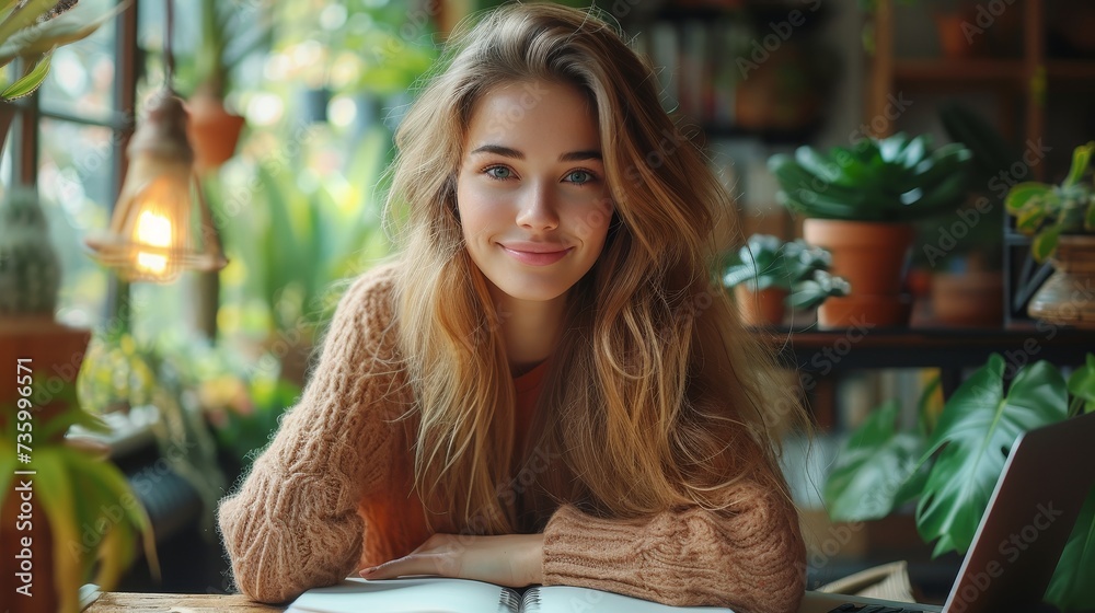 Poster portrait of smiling woman sitting at desk, using laptop, writing in notebook, watching tutorial, lec