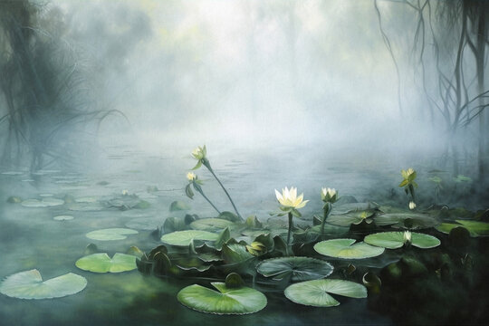 White lotus flowers on pond water surface. Painted on Washi Kozo paper.