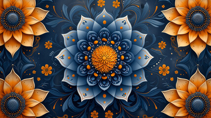 Vibrant Blue and Orange Mandala Art: Intricate Floral Patterns for Meditation and Relaxation