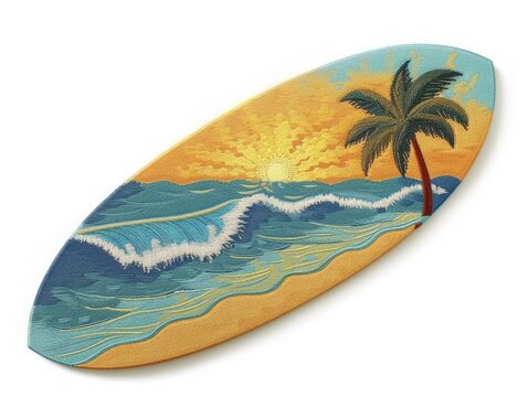 recommend clip art: Vibrant surfboard-shaped coastal paradise with inviting turquoise water, golden sunset, and palm tree silhouette
