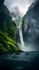 The Spectacular Splendour of a Roaring Fjord Waterfall amidst Rugged Mountains, Enveloped in Untouched Wilderness