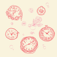 Set of surrealistic clock with hand drawn flowers in pink colors. Pocket watch tattoo. Clock sketch. 
