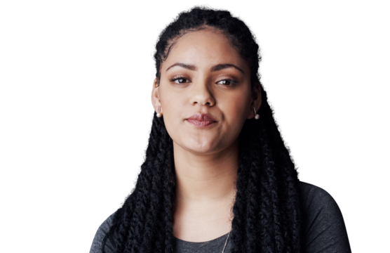 Business, woman and portrait or serious with confidence for corporate career, startup or human resource work. Entrepreneur, employee and face with pride or calm isolated on png transparent background