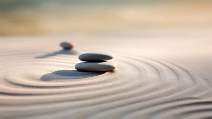 Zelfklevend Fotobehang Stenen in het zand Zen stones with lines on the sand. Spa therapie and meditation concept