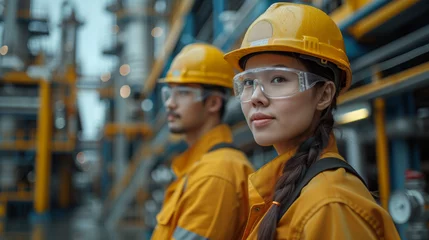 Fotobehang femme asiatique en tenue de chantier avec lunette de protection et casque © Sébastien Jouve