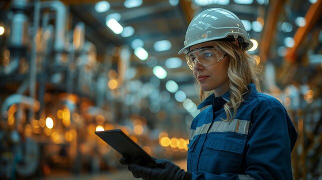 femme en tenue de chantier avec lunette de protection et casque
