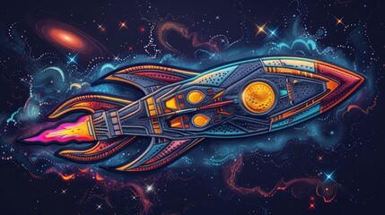 Vibrant and futuristic rocket ship patch design with intricate details, hyper-realistic and sharp-focus. Fun and playful concept for stock photography platform.
