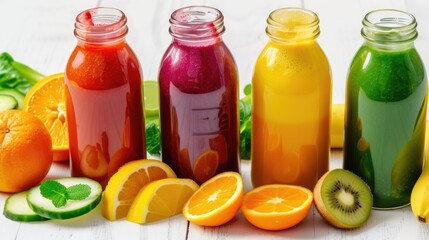 This image features a line of colorful bottles containing different types of fruit juice, each bottle garnished with a piece of fruit or herb, laid out on a pristine white surface.