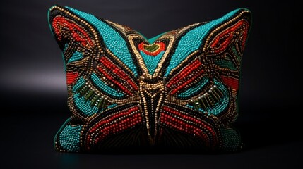 A pillow with a unique, handmade beadwork cover, showcasing craftsmanship