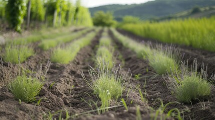 This photo shows planted lavender seedlings, rows of young plants sprouting from the fertile soil of the countryside.