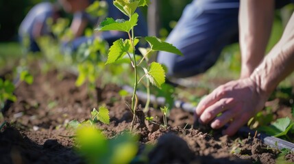 men are engaged in gardening, planting new seedlings in the garden or field in the spring
