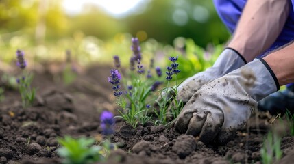 men are engaged in gardening, in the spring they plant new lavender seedlings in the garden or in...