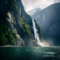 The Spectacular Splendour of a Roaring Fjord Waterfall amidst Rugged Mountains, Enveloped in Untouched Wilderness