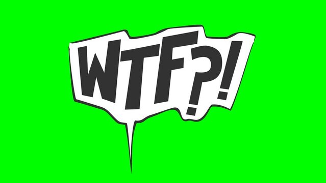 Appearance of a black and white comic speech bubble with the phrase "WTF" followed by an exclamation mark and a question mark on a green background, transparent background, with alpha channel and mask