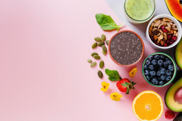 A vibrant assortment of various fruits and vegetables arranged on a pink background. detox menu