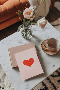 High-angle flat-lay photo of a gorgeous card, lying on a coffee table, in a pastel modern home