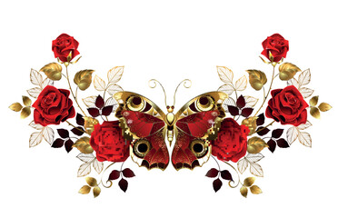 Symmetrical flower arrangement with red butterfly