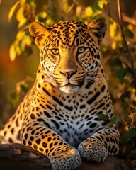 A leopard sitting in the grass, looking straight ahead
