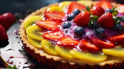 Fruit Tart on Wooden Table With Berries and Kiwis