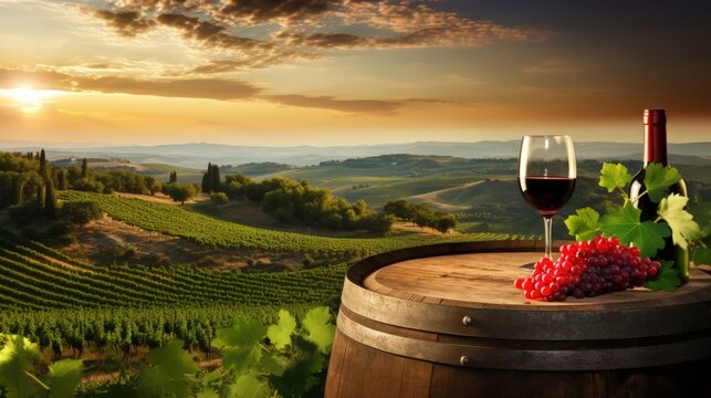 Red wine with barrel on vineyard in green Tuscany illustration