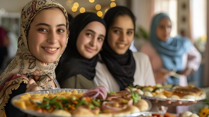 Muslim women in hijab celebrating Eid al-Fitr with gift and dates